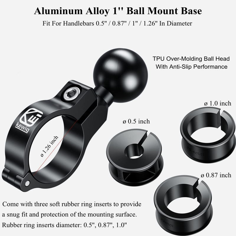 BRCOVAN Aluminum Alloy Handlebar Mount Base with 1'' TPU Ball for Round Rail Diameter 0.5'' 0.87'' 1'' 1.125'' 1.26'', Compatible with RAM Mounts B Size 1 Inch Ball Double Socket Arm R3-Set of 1