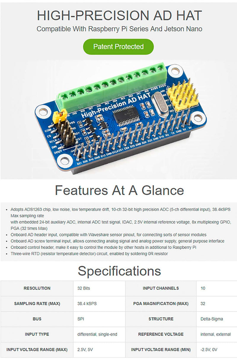High-Precision AD HAT ADS1263 10-Channel 32-Bit ADC SPI Bus Low Noise Low Temperature Drift,for Raspberry Pi 4B/3B+/3B/2B/Zero/Zero W/Zero WH/2W and Jetson Nano AD HAT for Pi