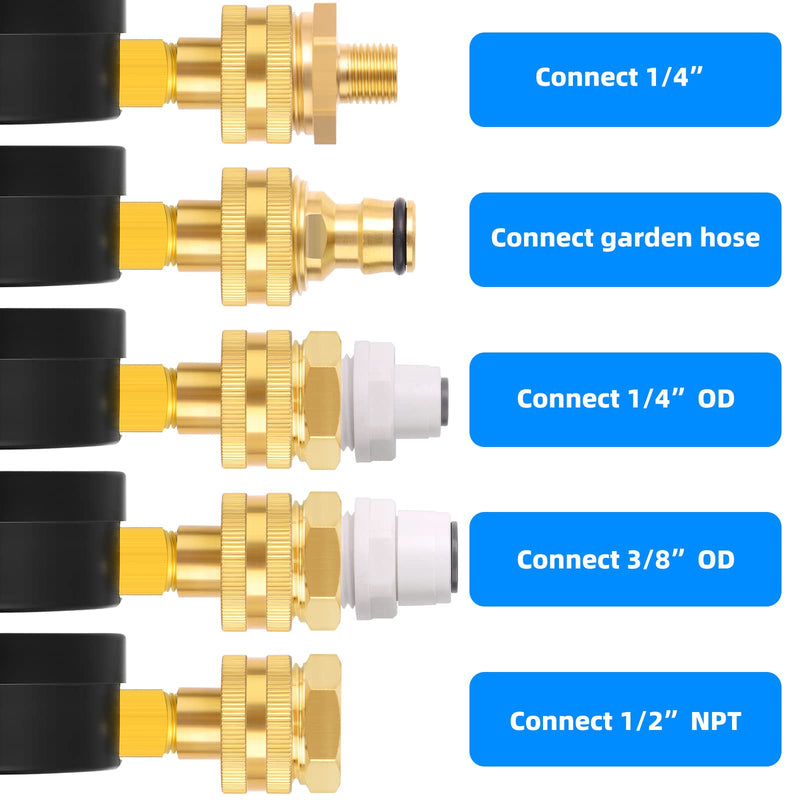 MEANLIN MEASURE 0~100Psi 3/4" Female Water Pressure Kit Plus 5 adapters, 2.5" FACE DIAL Multi-Purpose Pressure Gauge Kit, Hydraulic Tester,Suitable for Gardens, Water Pipes, etc 0-100Psi (With Fittings) No Liquid