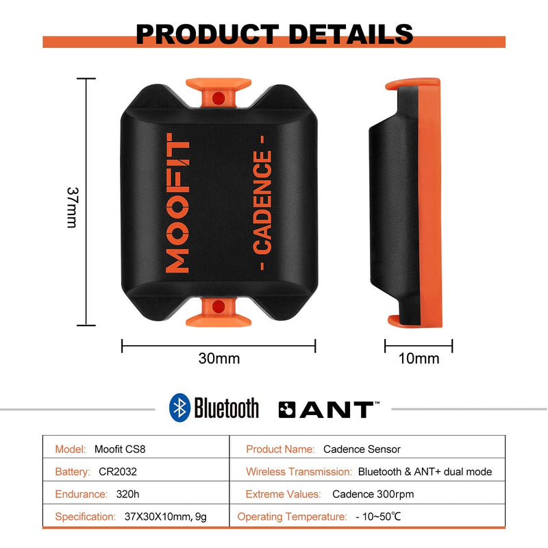 moofit Cadence Speed Sensor, Bluetooth & ANT+ Wireless RPM Cycling Spin Bike Cadence Sensor for Wahoo/Coosporide/Rouvy/Peloton, IP67 Waterproof, Orange Speed and Cadence Sensor