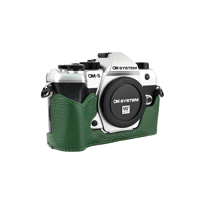OM-5 Mark II Case, Litchi Handmade Genuine Real Leather Half Camera Case Bag Cover for Olympus System OM-5 Mark II Bottom Opening Version + Neck Strap (Green) Green