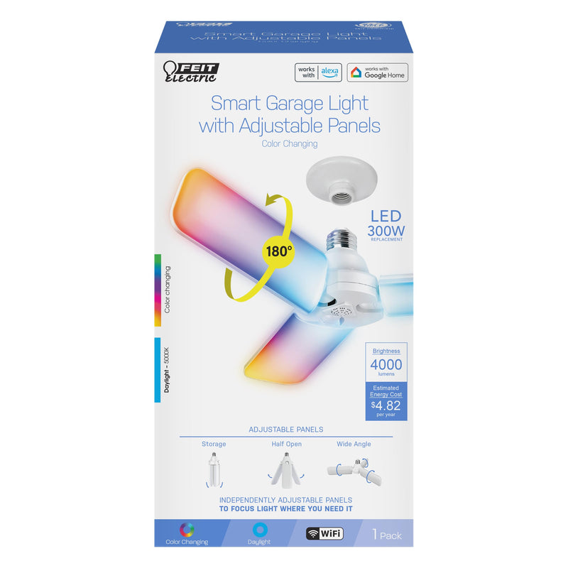 Feit Electric Smart LED Garage Light, 4000 Lumens RGBW Color Changing Deformable Panels, 2.4GHz WiFi App Control, Works with Alexa & Google, E26 Screw-in Ceiling Light for Garage ADJ4000/RGBW/LED/AG