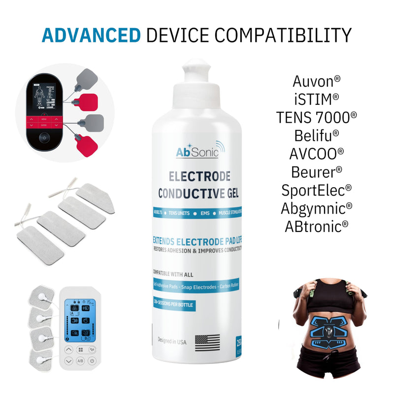 Absonic Electrode Gel for TENS Unit Pads - Conductive Gel for EMS, Muscle Stimulators & Ab Belts | Extends Pad Life, Restores Adhesion | Hypoallergenic, Water-Based | 8.5 oz | Made in USA