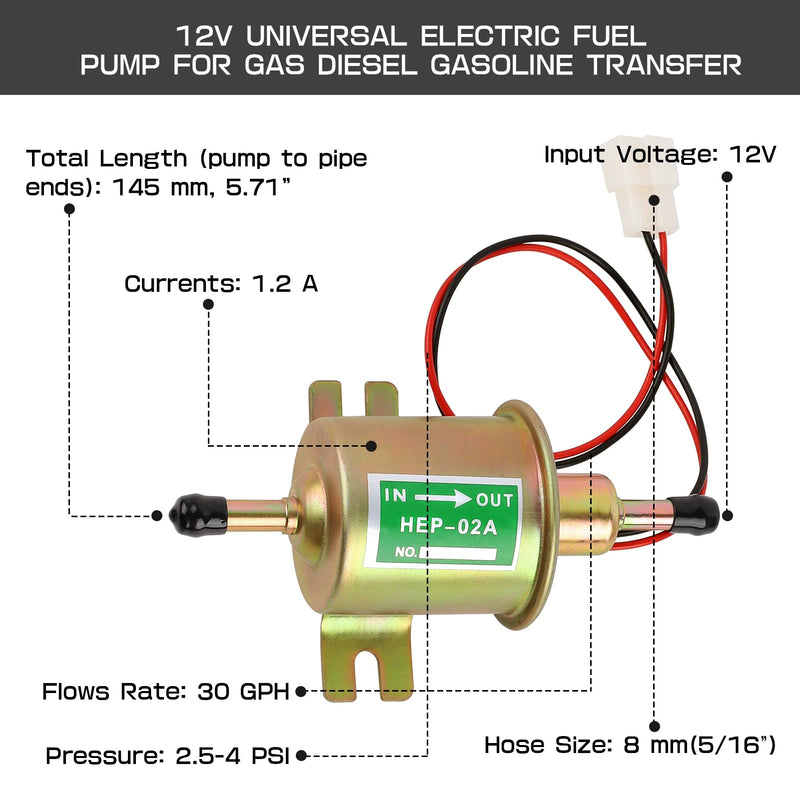 12V General Purpose Electric Fuel Pump, Low Pressure 2.5-4 PSI Inline, Gasoline Diesel Engine Gasoline Transfer Fuel Pump for Carburetor Lawn Mower Boat Carter HEP-02A