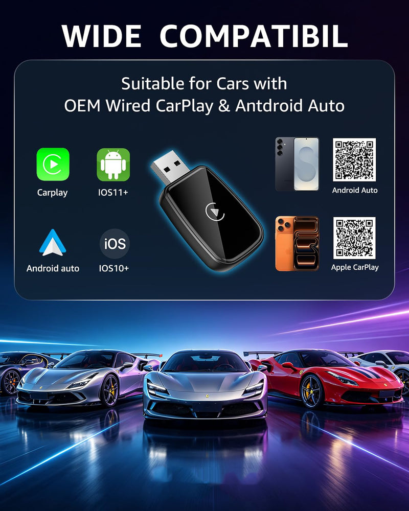 4 in 1 Wireless CarPlay Adapter Car Screen Mirroring Adapter for Apple iPhone& Android, Convert Wired CarPlay to Wireless, Stable Control & No Delay Latency, Plug and Play PureBlack