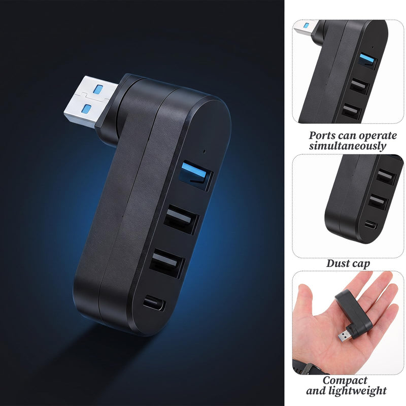 4 Ports USB Hub for Car [90°/180° Rotatable], USB3.0 Hub with 1 USB 3.0 Port, 2 USB2.0 Ports, and 1 USBC Data Port, USBPort Hubs for Laptop, Car, Keyboard, Printer and More