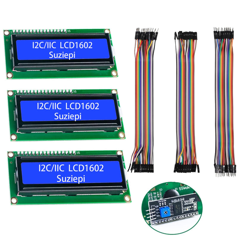 3pcs I2C IIC 1602 LCD Display Module 16x02 LCD Screen Module Compatible for Arduino Raspberry Pi + 3pcs 20CM 20Pin Female Male Jumper Wires 3PCS-1602I2C