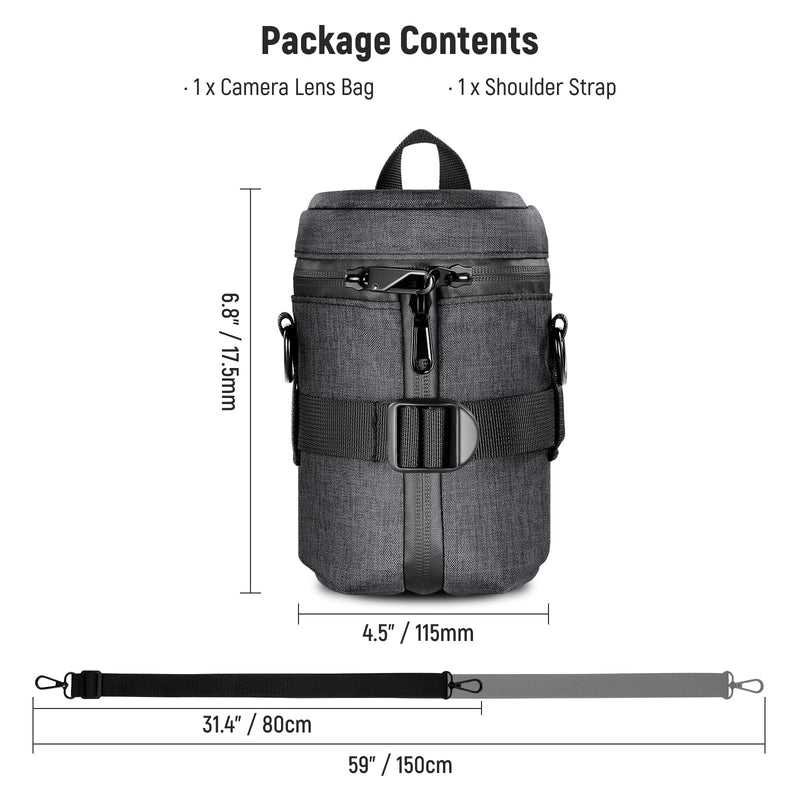 NEEWER Camera Lens Pouch for 3.9"x5.5"/100x140mm DSLR Mirrorless Camera Lens, Water Repellent Thickened Expandable Protective Case Bag with Lockable Opening Zippers, Shoulder Strap, Rear Buckle, PB006