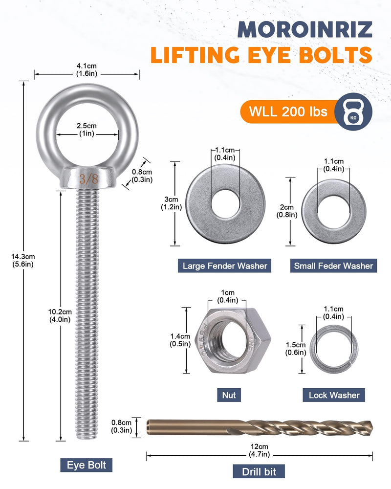 Eye Bolt with Nuts 3/8'' x 4'' (8 Pack), Imperial, Heavy Duty Stainless Steel 3/8-16 Long Eye Bolts, Bonus Drill Bit Included 8