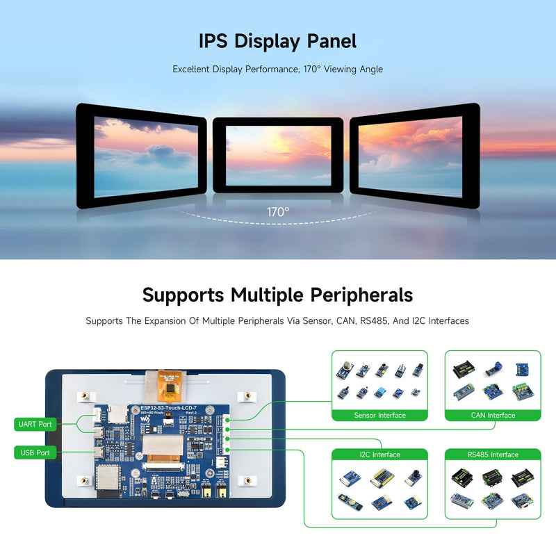 Waveshare ESP32-S3 7inch Display Development Board, 800×480, 32-bit LX7 Dual-core Processor, Up to 240MHz Frequency, Supports WiFi & Bluetooth, with Onboard Antenna, No Touch