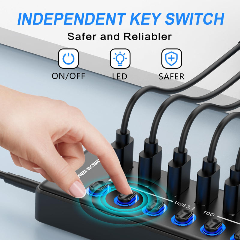 Powered USB Hub, MENKSID 11-Port USB Hub, 7 USB 3.2 Data Transfer Ports + 4 Smart Charging Ports, Independent Switch (with LED Power Indicator), USB 3.2 Hub Powered with Power Adapter for Mac, PC USB3.2-P7+4