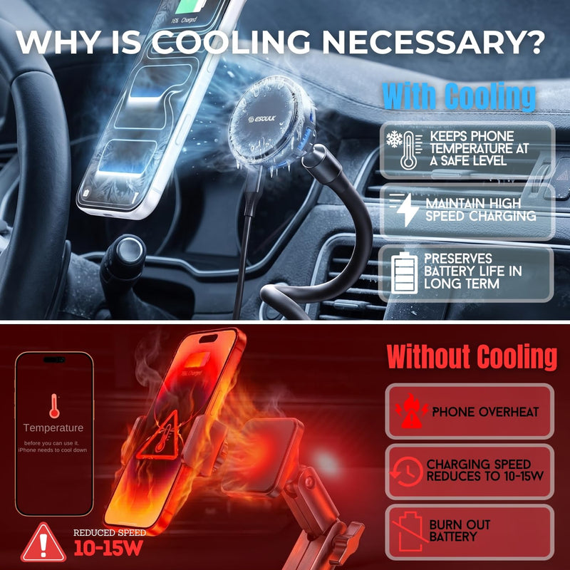 Qi2 25W Cooling Wireless Charger 15 Inch Cup Holder Phone Mount | 25W Fast Wireless Charging, 15" Gooseneck Cup Holder Mount, Cooling Fan, Stable Base, 45W Car Adapter Included