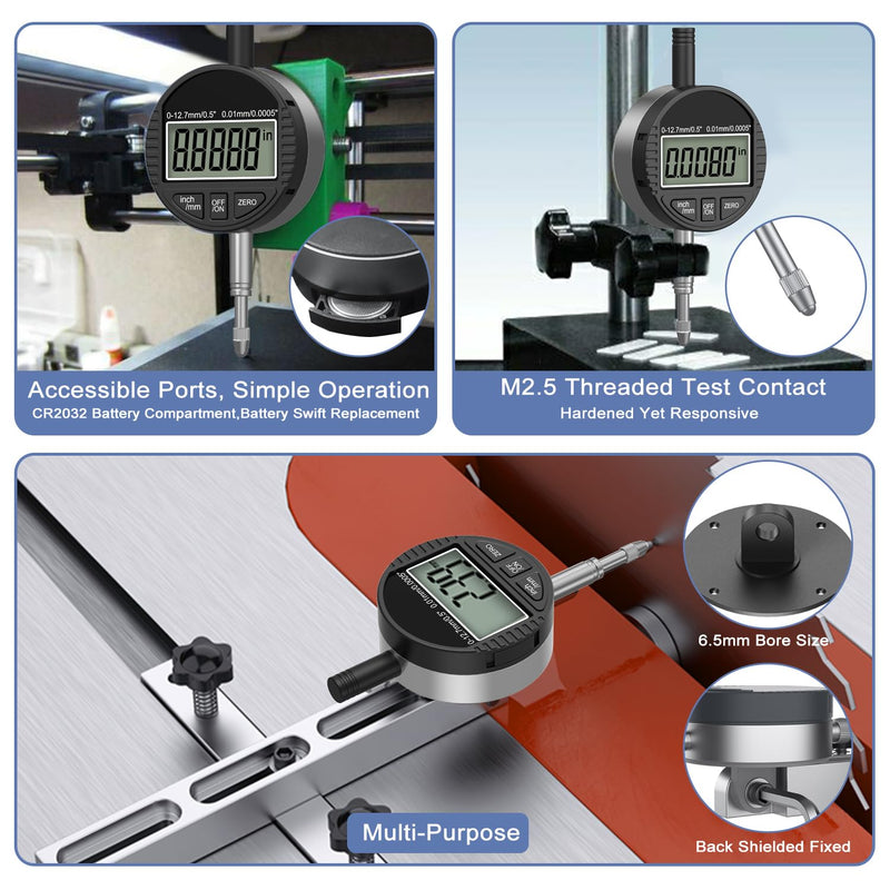 HDLNKAK Electronic Digital Dial Indicator Gauge 0-12.7mm/0.5” Inch/Metric Conversion, High Precision Probe with 0.01mm/0.0005” Resolution for Testing. 0.5”Dial Indicator