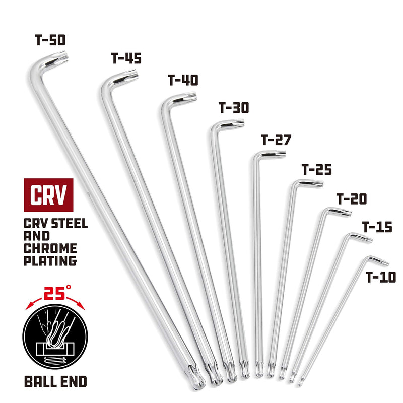 Powerbuilt 9 Piece Star Stubby Long Arm Ball End Hex Key Wrench Set, Allen Hex Key Wrench, Extra Long Arm, Ball End, size T10 to T50-240101