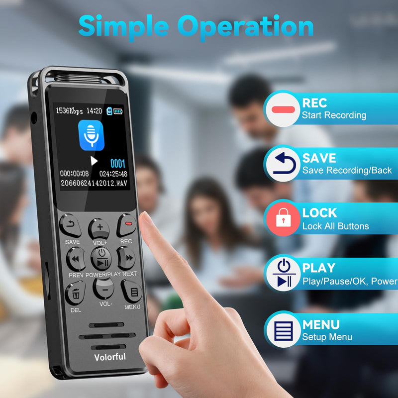 Digital Voice Recorder with Playback, Volorful 80H HD Recording Device | External Microphone, AI Noise Reduction, One Touch Recording/Lock, Voice Activated, Password, Lecture Meeting Interview Class 32.0 GB