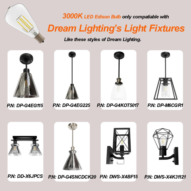 Dream lighting LED Edison Bulb 3W, 150 Lumens, Warm White 3000K, LED Vintage Replace Globe Dinette Light Fixtures, Pack of 2