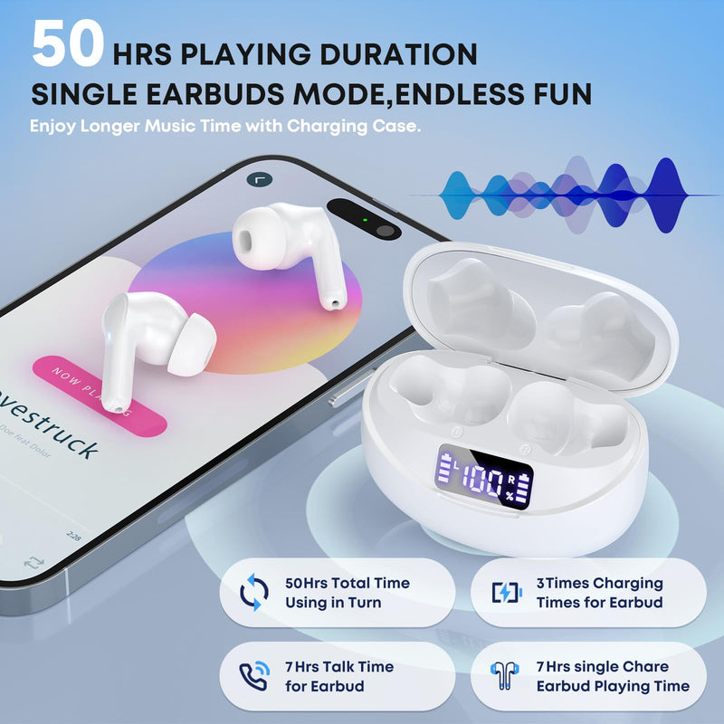 Wireless Earbuds Bluetooth 5.4 Headphones, Noise Cancelling Mic Ear Buds with 50H Playback, LED Digital Display, IPX7 Waterproof Earphones for Office/Running/Workout White