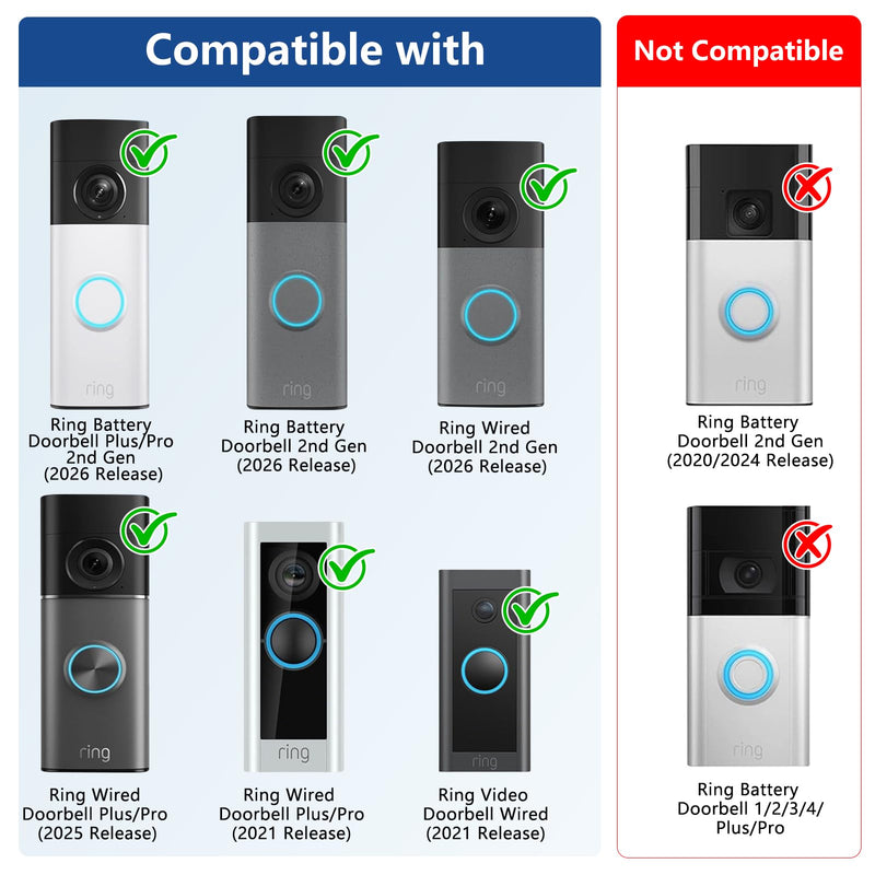 Adjustable Angle Doorbell Mount for Ring Battery Doorbell/Plus/Pro 2nd Gen (2026 Release)/Ring Wired Doorbell 2nd Gen(2025/2026 Release), No-Drilling Mounting Bracket with Wide Viewing Angle