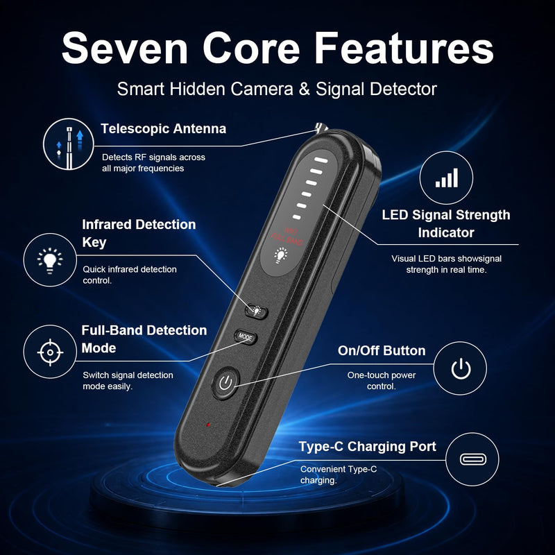 Hidden Camera Detector 6-in-1, Anti Spy Camera Finder with GPS Tracker Detection, RF Signal Scanner, Rechargeable Bug Detector for Hotel, Travel, Home, Office, Car Privacy Protection Black