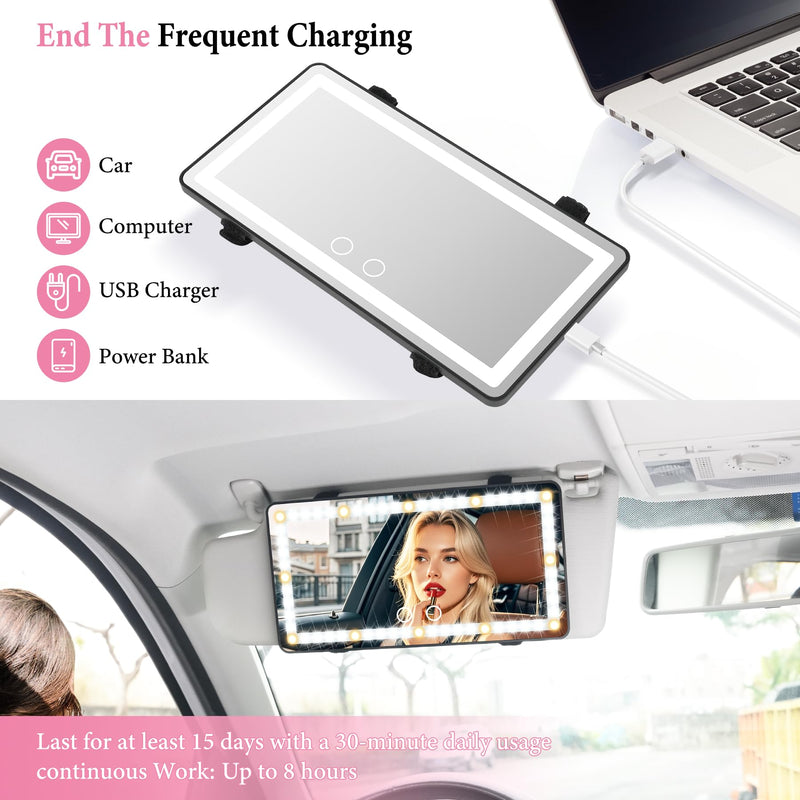 SINGARO Car Sun Visor Vanity Mirror - Rechargeable Makeup Mirror with 60 LEDs, 3 Light Modes & Dimmable Touch Control for Cars, Trucks, SUVs | Car Interior Accessories for Women (Black) Black 1PCS