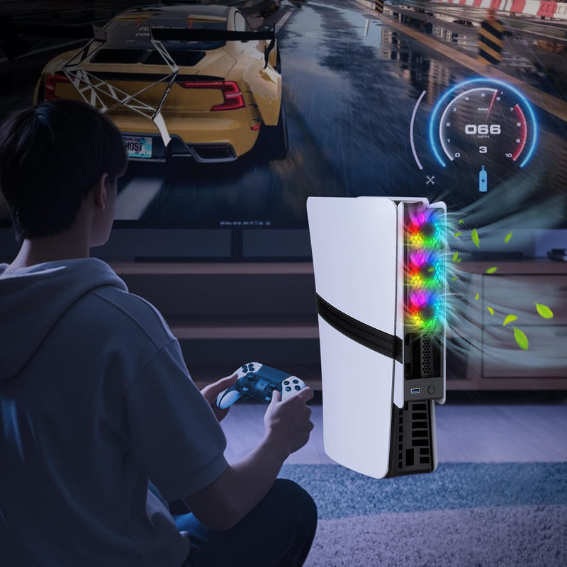 RGB Cooling Fan for PS5 Pro/PS5 Slim – Auto Temperature Control, 5 Lighting Modes, USB 3.0 Port,Compatible with Disc & Digital Edition (Black&White) Black