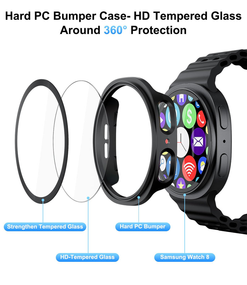 Case for Samsung Galaxy Watch 8 Watch 9 40mm Screen Protector Black | 2 Pack Hard PC Material Built-in HD Tempered Glass Screen Protector For Galaxy Watch 9/8 40mm