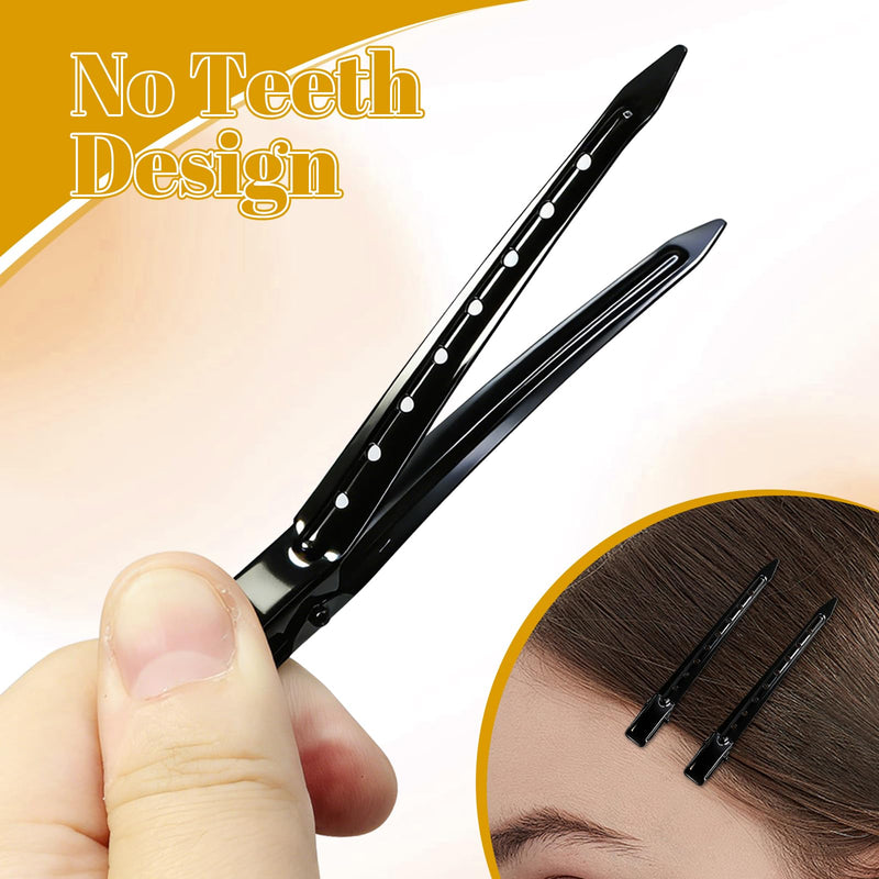 30 Pcs Metal Duck Bill Hair Clips for Styling Sectioning, 3.4 inch Black Alligator Curl Clips with 2 Pcs Rat Tail Combs for Hair Roller, Salon, Bows DIY