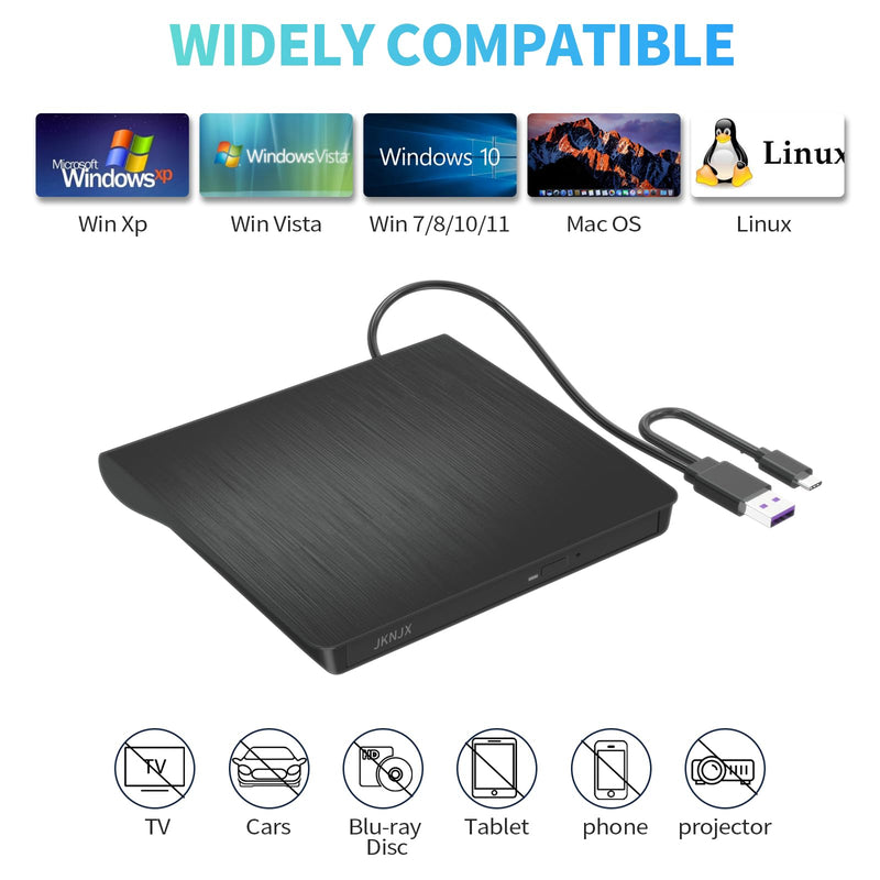 2 in 1 External CD DVD Drive, USB 3.0 and Type-C Disc Reader Burner Player | Optical Drive for PC Laptop Desktop MacBook Mac Windows Linux OS Apple Dark Black
