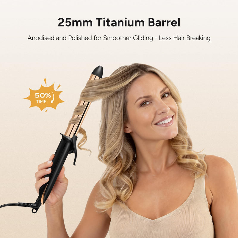 25mm Titanium Curling Tongs - Hair Curler Anodised for Bouncy Curls | 20s Fast Heating | 7 Heat Settings | 1h Auto Shutoff | Polished Curling Iron for Medium Long Hair | Includes Heatproof Bag 25mm