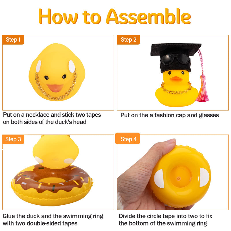 Wonuu Car Rubber Duck Decoration - Dashboard Ornament with Mini Bachelor Cap, Necklace and Sunglasses B-bachelor Hat&yellow