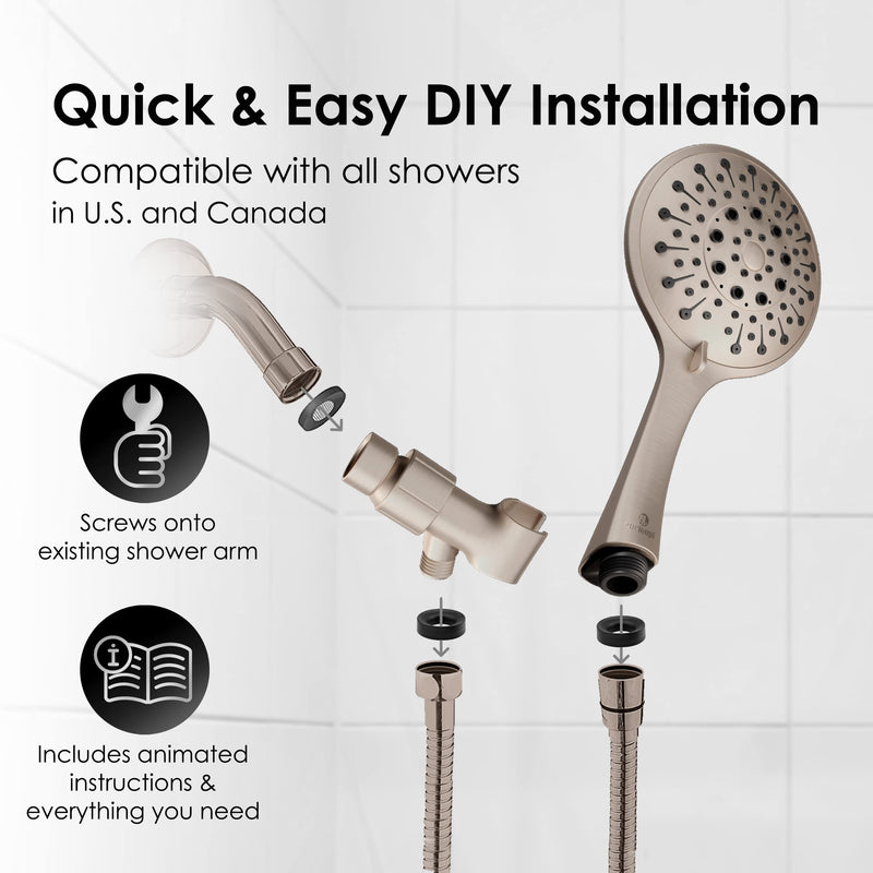 Aquarius Handheld Brushed Nickel Shower Head With Hose (Extra Long) Luxury Spa Grade High Pressure Hand Held Showerhead With 6 Spray Settings - Adjustable Brass Ball Holder & Teflon Tape Standard 2.5 GPM