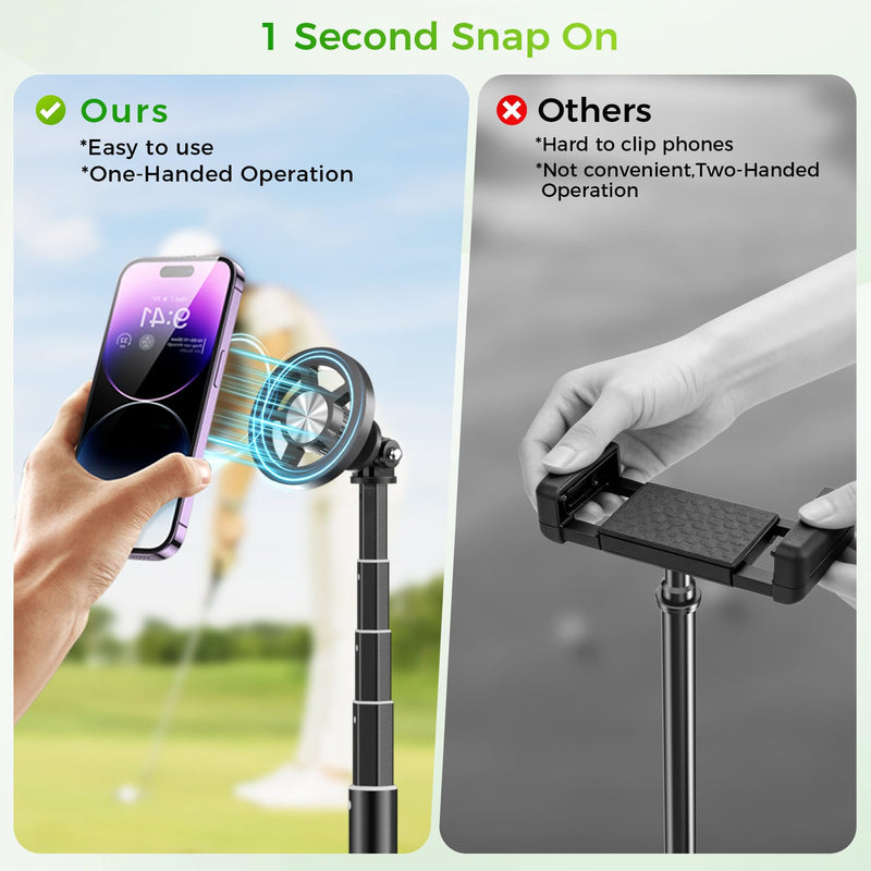 Golf Selfie Stick Tripod & Ground Spike to Record Swing, Phone Mount | Golf spike& tripod, strong magnetic mount, 11.4–47in adjustable pole, 1/4" thread, portable& compact, durable aluminum design