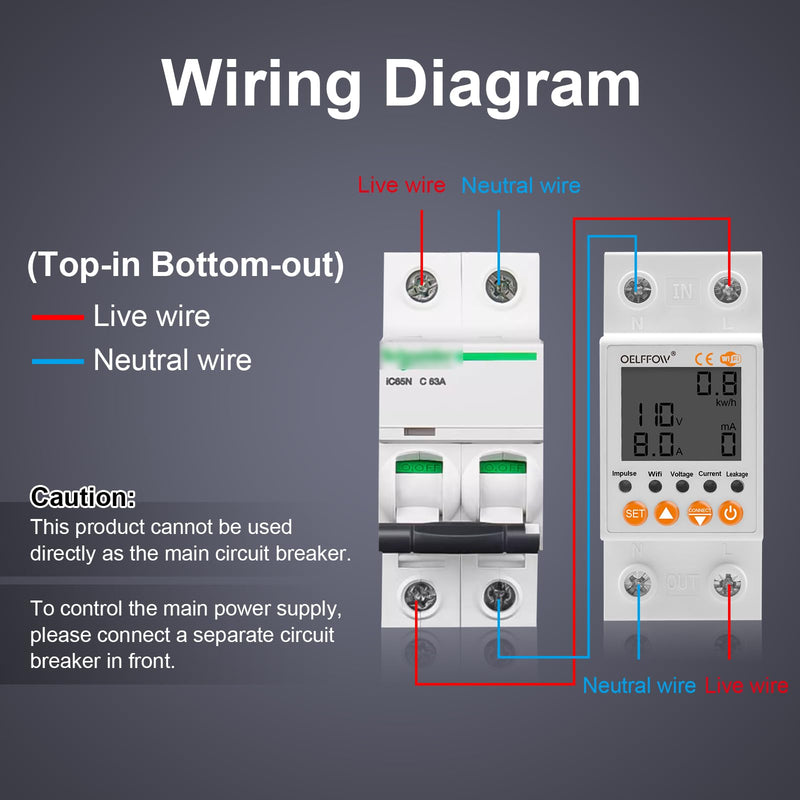 WiFi Circuit Breaker Smart Miniature Circuit Breaker - Single Phase AC85-300V 63A, Din Rail Mount, for Leakage, Over/Under Voltage and Over Current Protection (Top Input, Bottom Output) White (Top Input, Bottom Output)
