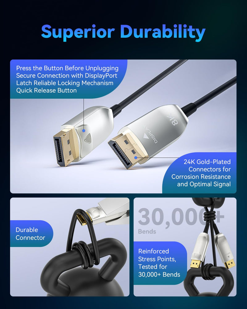 DisplayPort to DisplayPort Cable High Speed Display Port Cable DP Cable Compatible with Gaming PCs, Gaming Monitor, Multi-Monitor, G-Sync & FreeSync DSC-Free-15FT 15FT-Fiber