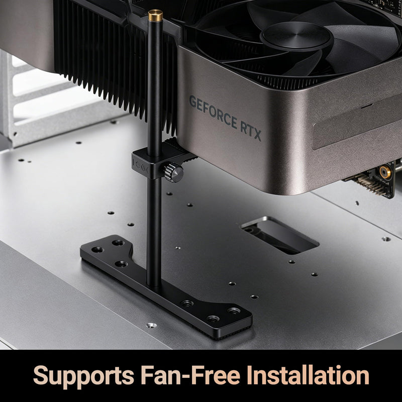 Stackable Aluminum GPU Anti-Sag Bracket for 120mm Fans | Silver bracket, -15/0/15 adjustment & stackable design. Forward/reverse install, fits with or without 120mm fan