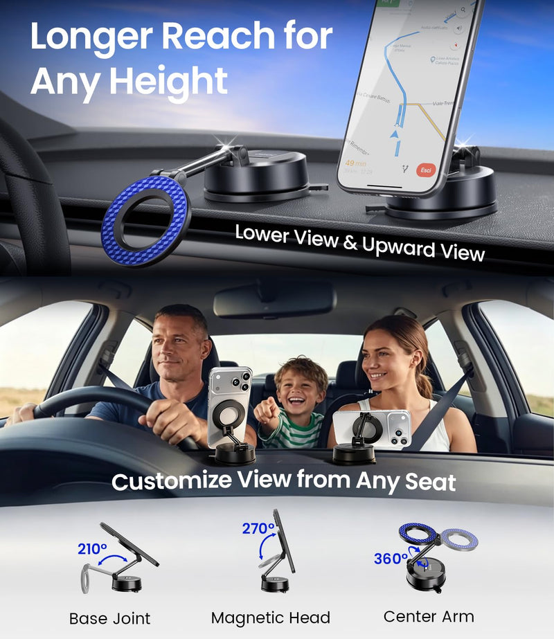 for MagSafe Car Phone Holder for Tesla Model 3/Y, Extended-Reach Arm Magnetic Mount for iPhone 17/16/15/14/13/12, 80+LBS Vacuum Suction Cup Mounts for Tesla Screen & Dashboard (Navy Blue) Navy Blue
