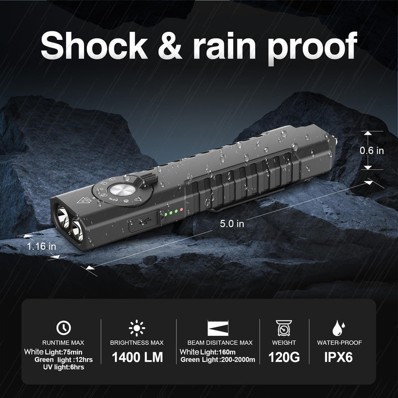 Solofish 1400-Lumen Aluminum EDC Flashlight with UV，Green Light and 140-Lumen White LED Combo (5-in-1), Portable Pocket Light with Strobe/Window Breaker, Rechargeable