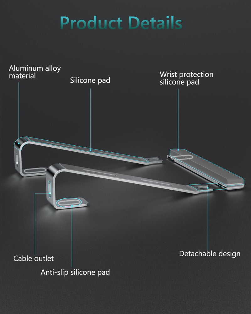 Aluminum Laptop Stand, Notebook Stand with Wrist Rest, Ergonomic Detachable Laptop Mount, Computer Stand Compatible with 10-17'' All Laptops Such as MacBook Air Pro/HP/Dell/Lenovo, Silver