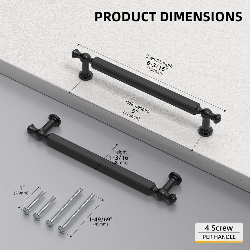Goldenwarm 5 Pack 5 Inch Black Cabinet Handles Cabinet Pulls Matte Black Drawer Pulls Kitchen Drawer Handles Zinc Alloy Dresser Hardware for Bathroom Cupboard Bedroom, 128mm Hole Centers 5'' Hole Center