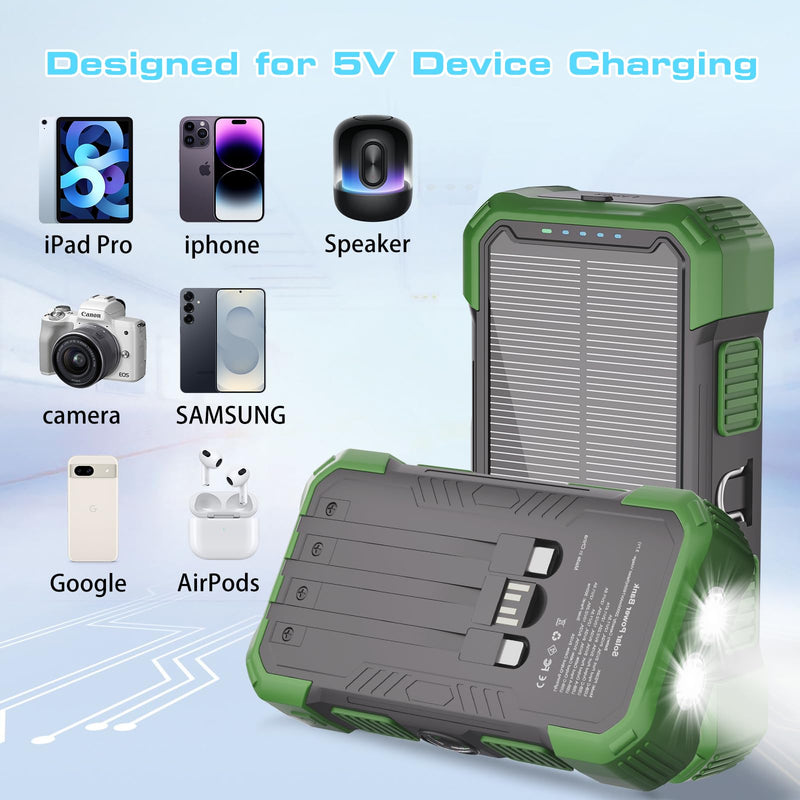 Solar Charger Power Bank 20000mAh, 22.5W Fast Charging Portable Charger with Built-in Cables, USB-C Battery Pack, Dual LED Flashlight, Compatible with iPhone & Android for Camping, Hiking, Emergency Green