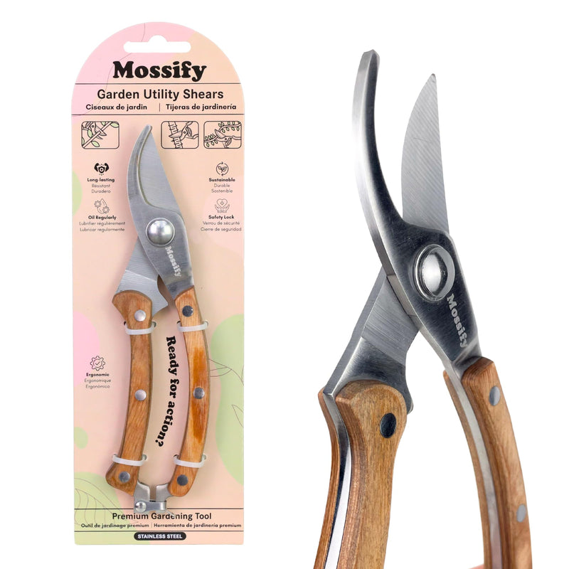 Mossify Garden Shears 8” – Premium Stainless Steel Pruning Shears for Gardening with Wooden Handle – Hand Pruners, Plant Clippers & Garden Scissors – Sharp Garden Tool for Left & Right Hand Use 8"Pruning Garden Shears