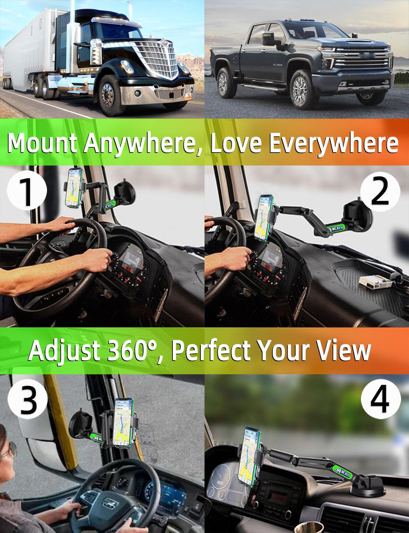Wireless Car Charger Phone Holder Mount for Truck, 15W Fast Charging | 15-Inch Long Arm, Heavy Duty Trucks and Pickup Accessories, Strong Vacuum Dashboard & Windshield Mount, for iPhone Samsung LG TRUCK-1