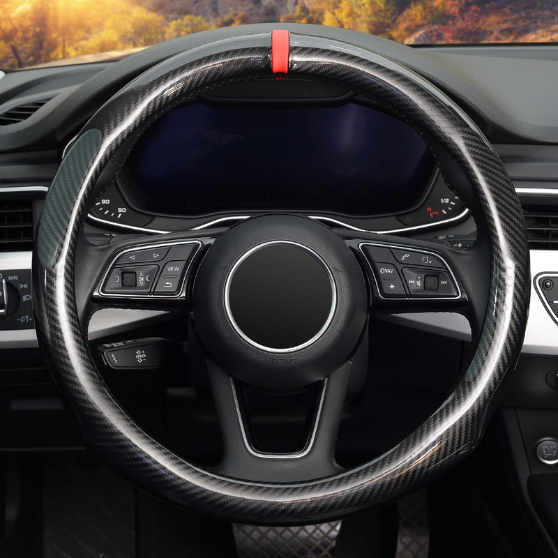 ZHOL 16 inch Steering Wheel Cover Carbon Fiber, Compatible Large-Size for F150 F250 F350 Ram 4Runner Tacoma Tundra Range Rover Model Car Accessories for Women Men Black Large Size[15.5"-16"]