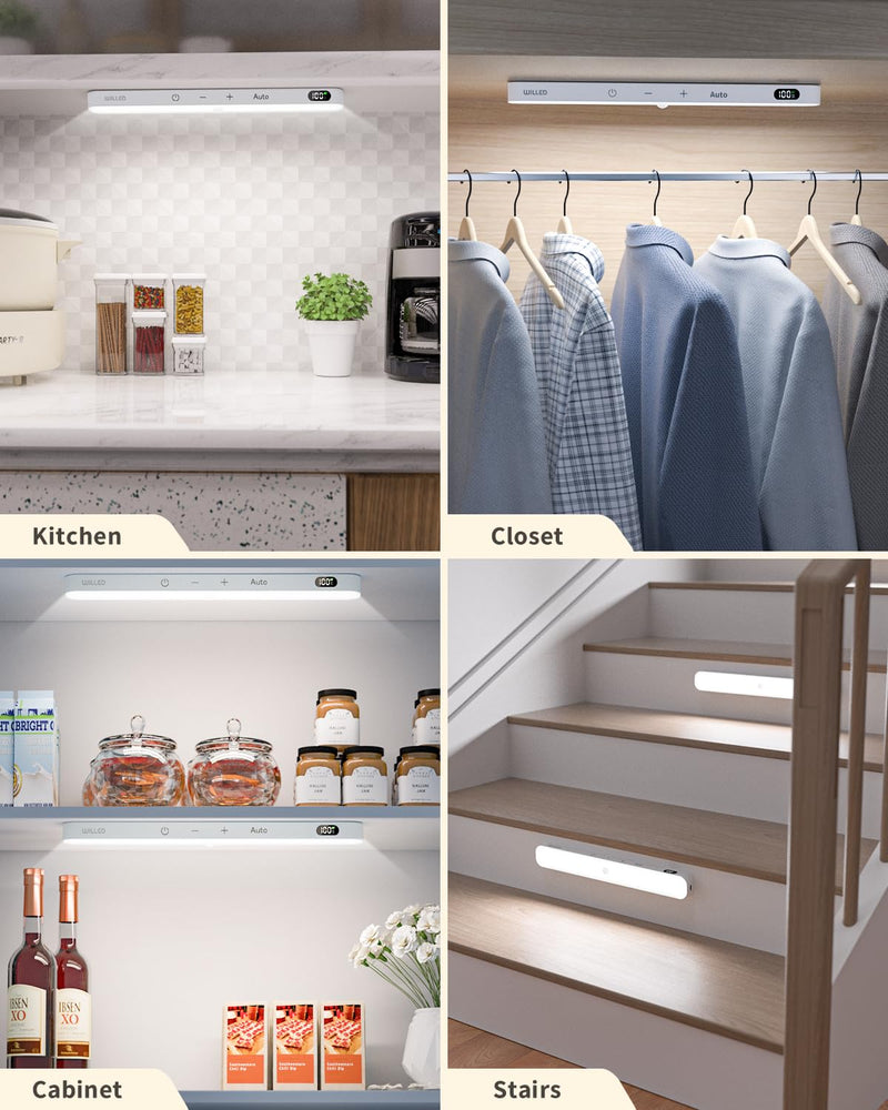 WILLED Motion Sensor Light Indoor, Battery Display, 60 LED Touch Light Bar, Under Cabinet Lights Rechargeable, Battery Operated Closet Light Wireless, Stick on Under Counter Lights for Kitchen(4 Pack) Cool White 6000K 4 Pack