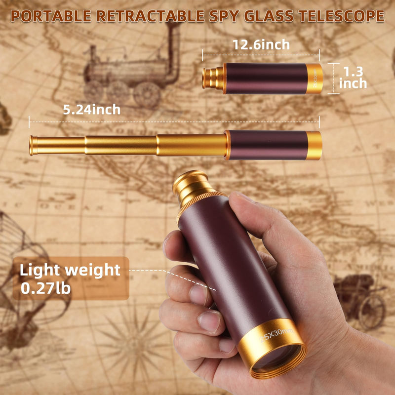 25X30 Pirate Telescope Spyglass with Hat&Eye Mask for Kid Monocular Costume | Retro Collapsible Zoomable Brass Captain Spyglass, FMC Lens Costume Accessories for Bird Watching Camping Boating Gift