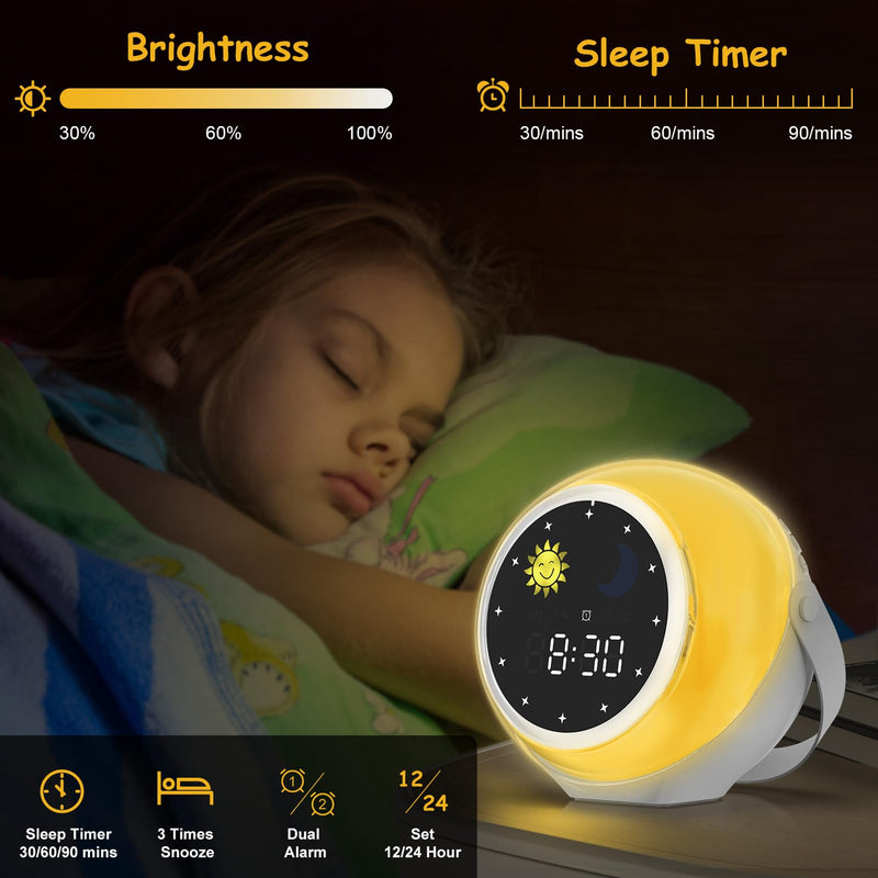 Alarm Clock for Kids, Bluetooth Music Player&Digital Clock, Sleep Sound Machine for Kids Bedroom, Kids Alarm Clock Sleep Trainer with Wake up Light, Ok to Wake Clock for Kids Adjustable Colors