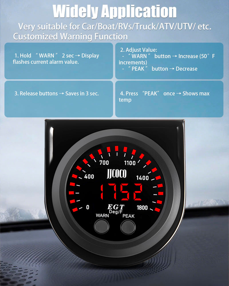 1800°F Pyrometer Exhaust Gas Temp Gauge Kit with 1/8NPT Type K EGT Sensor & Bracket LED Digital Display Exhaust Gas Temperature Meter for Car & Truck 2-1/16" (52mm)