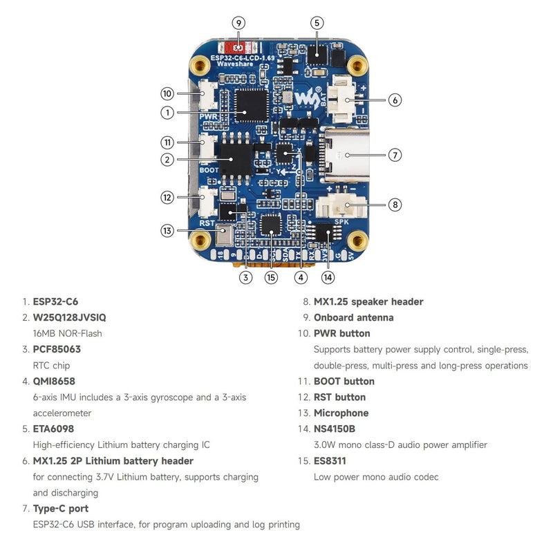 Waveshare ESP32-C6 1.69inch LCD Development Board, 240×280 Pixels, Supports Wi-Fi 6 / BLE 5, 160MHz RISC-V Processor, AI Speech, ESP32 with Display, No Touch Function