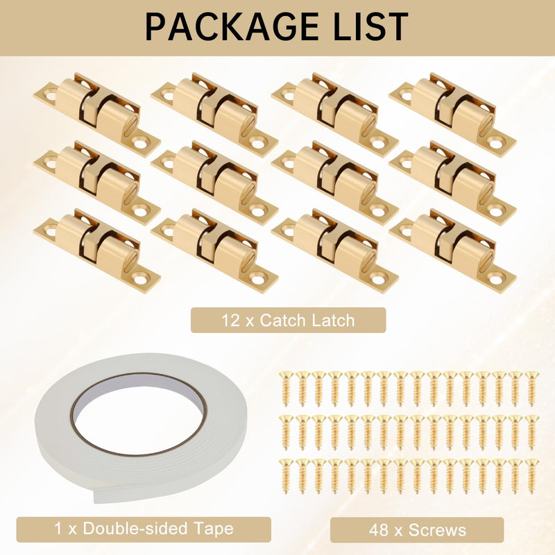 Double Roller Catch Cabinet Latches 70 mm,Solid Brass,Pack of 12,Gold | Adjustable, gold screws, double ball tension roller catches, for RV cabinets kitchen closet furniture doors 70mm