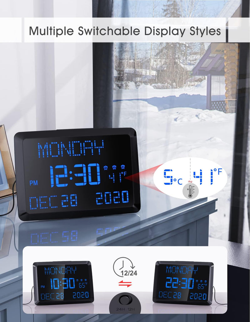 11.5" Large Display Digital Calendar Clock for Seniors, Digital Clock with Date and Day of Week for Elderly, 3 Alarms, 5 Dimmer, Temperature, Alarm Clock for Bedroom Living Room Blue Font